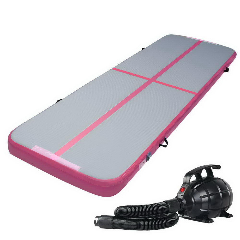 Everfit GoFun 3X1M Inflatable Air Track Mat in pink and grey, showcasing its durable fabric and built-in valve for easy inflation.
